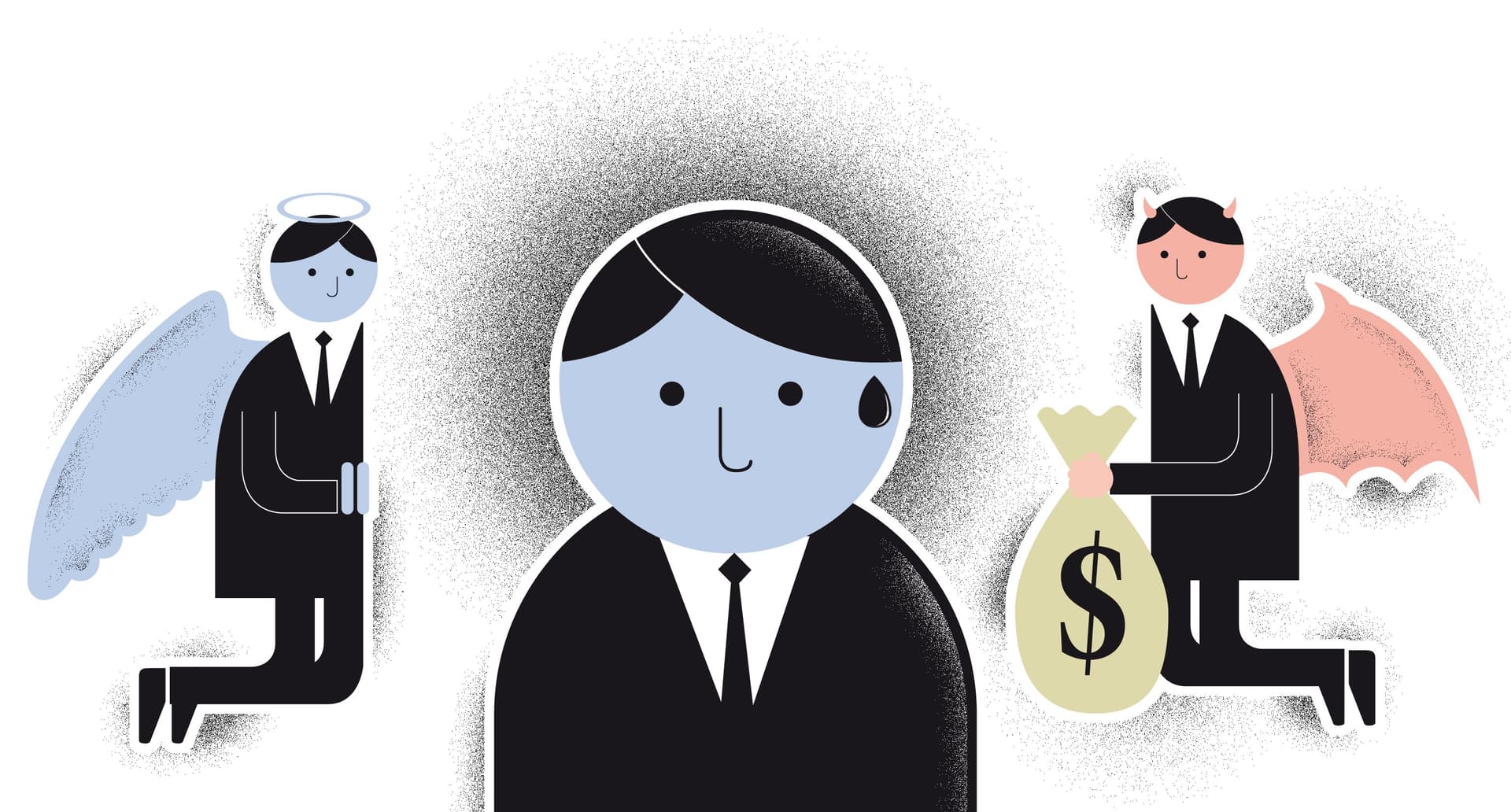 Imagem de anjo e diabo ao lado de homem instigando-o a fazer o certo vs o errado representando assim o brasileiro e a ética