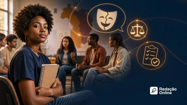 Estudante negra em sala de aula com símbolos de humor, justiça e responsabilização sobre racismo recreativo