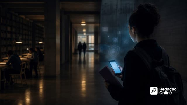 Estudante observa celular em ambiente escolar com sinais digitais de alerta e proteção, representando automutilação e plataformas digitais