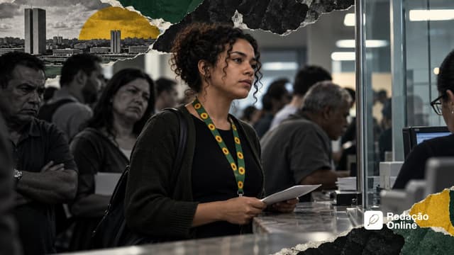 Pessoa com cordão de girassóis em uma fila de atendimento, cercada por outras pessoas em colagem editorial